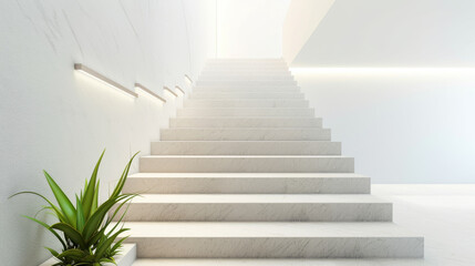 Obraz premium A bright staircase with a potted plant at the base, leading upwards into a well-lit, modern interior space.