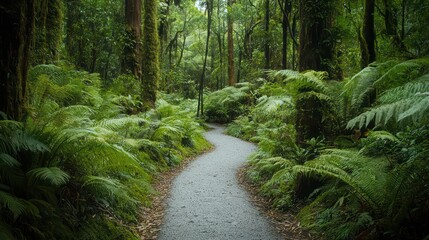 Obraz premium Green Rainforest Path. A narrow path winding through a dense green rainforest.