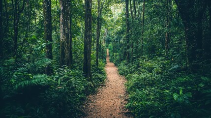 Fototapeta premium Green Rainforest Path. A narrow path winding through a dense green rainforest.