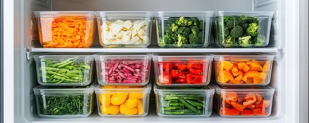 Top view of an open fridge filled with labeled glass containers, showcasing meal prep for the week, promoting an organized and efficient lifestyle