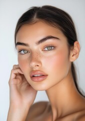 Obraz premium Young and beautiful model present skin care and beauty cosmetic product