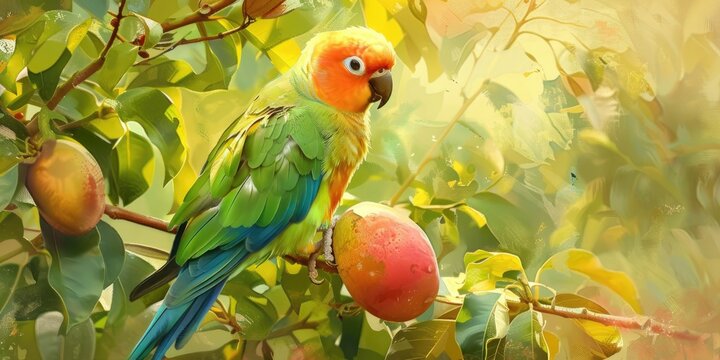 Parrot resting on tree branches while savoring a ripe mango.