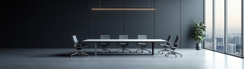 A sleek, modern conference room with minimalist furniture, featuring a large glass table and subtle lighting, perfect for a collaborative workspace environment