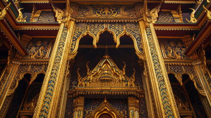 Obraz premium Facade of a golden temple featuring intricate patterns and elaborate designs, highlighting traditional religious architecture.