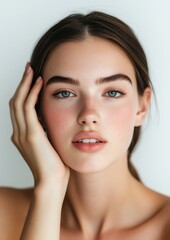 Fototapeta premium Young and beautiful model present skin care and beauty cosmetic product