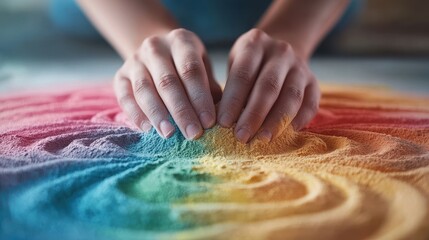 Hands pressing colorful sand into a circular pattern symbolizing stress relief through tactile meditation and creative expression