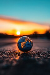 Obraz premium A close-up of a globe against a stunning sunset, symbolizing global awareness and travel inspiration.