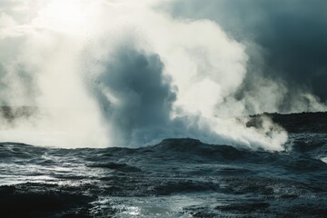 A raging churning geyser erupting in a volcanic land, with copy space