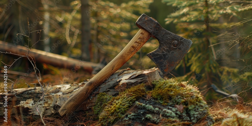 Poster iron axe with a wooden grip embedded in a conifer log