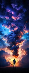 Fototapeta premium A silhouette of a person amidst dramatic clouds and vibrant colors, symbolizing introspection and the journey of life.