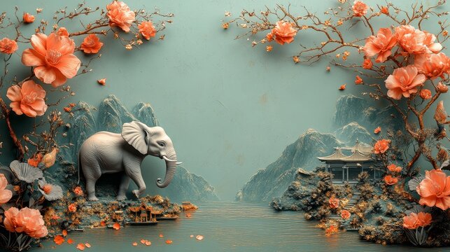 Pi Mai Lao style wallpaper light green background   96 animal, elephant, cow, mammal, vector, illustration, horse, farm, nature, cartoon, animals, donkey, wild, bull, design, wildlife, rhino, art, rhi