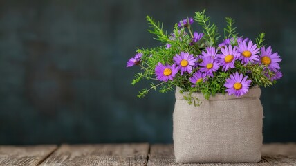 Fototapeta premium A small sack made of linen, with purple daisies and sprigs of greenery peeking out, perfect for a quaint, rustic setting, purple flowers sack, quaint floral decor