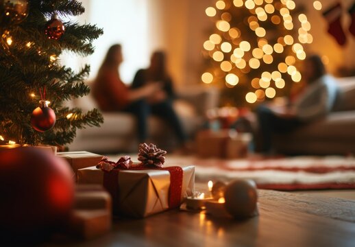 A warm living room with a Christmas tree and presents, blurred people having a conversation on the couch in the background - Powered by Adobe