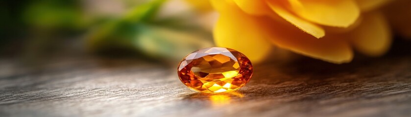 A stunning amber gemstone resting on a wooden surface, surrounded by yellow petals, creating an elegant and natural composition.