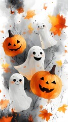Happy Ghosts with Pumpkins and Flying Bats in Fall Setting - Charming Halloween Scene for Graphic Decoration