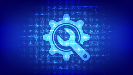 Technical service. Wrench and gear icon made with binary code. Technical assistance. Customer help. Online tech support. Repair service. Digital code background with digits 1.0. Vector Illustration.