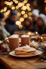 A beautifully set Christmas breakfast table with pancakes and hot cocoa, blurred people gathering around in the background