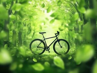 A black bicycle stands amidst vibrant green leaves in a serene forest, embodying adventure and tranquility in nature.