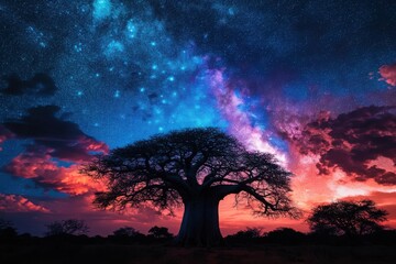 A towering ancient baobab tree silhouetted against a vibrant, starry night, with copy space