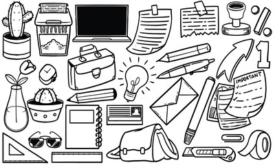 Creative Workspace Essentials. Doodle hand drawn office objects.
