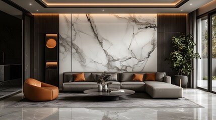 A modern living room featuring a marbling-decorated wall, creating a sophisticated backdrop with intricate patterns. 