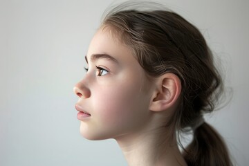 Fototapeta premium A girl with long brown hair and a pinkish face