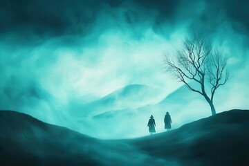 A dark, windswept moor with shadowy figures moving through the mist, evoking the eerie atmosphere of Halloween night, with ample space for text or branding
