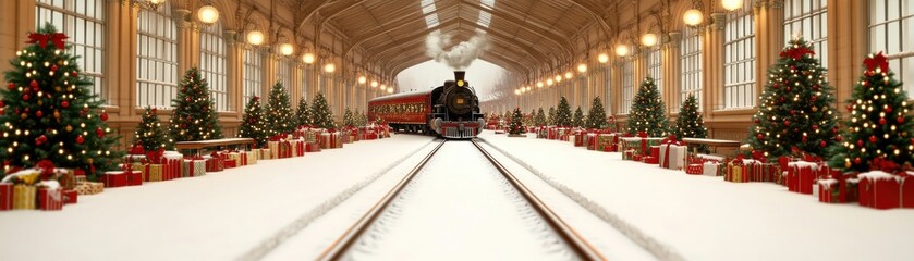 A festive train station adorned with Christmas trees and gifts, capturing the magic of the holiday season in a snowy setting.