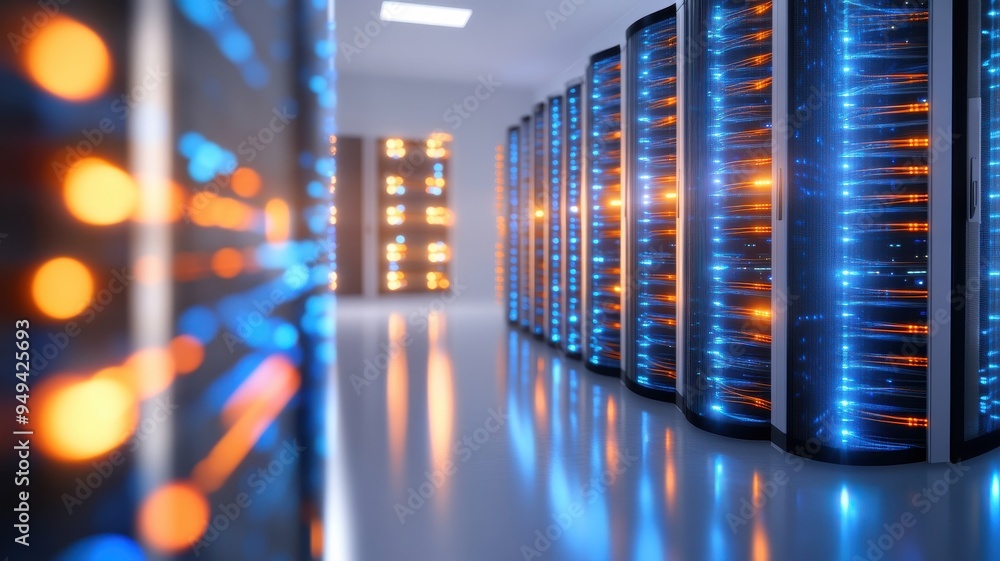 Poster a modern data center featuring rows of illuminated servers in a sleek, high-tech environment. perfec