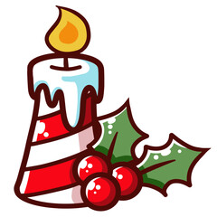 Naklejka premium Christmas Candle And Holly Berries SVG PNG. White and Red Candle Hand-drawn Doodle.