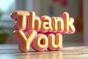 Pink 3D 'Thank You' text on wooden table