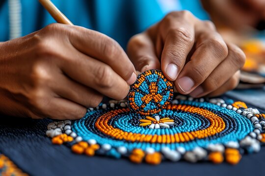 Native American Day with traditional beadwork crafting, illustrated in a detailed scene where artisans work on intricate beadwork patterns, each design holding cultural significance and history