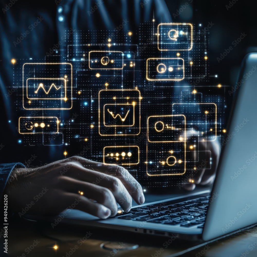 Poster digital network with glowing icons and hands typing on laptop keyboard
