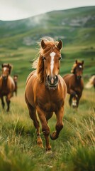 Obraz premium Wild horses running across a grassy plain freedom and wild spirit