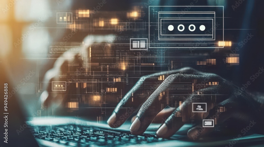 Poster hands typing password on laptop with digital interface