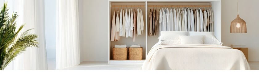 A serene bedroom interior featuring a cozy bed, organized wardrobe, and soft lighting, perfect for relaxation and comfort.