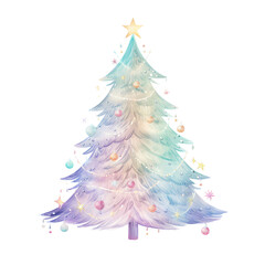 Beautifully decorated pastel Christmas tree illustration with lights and ornaments, perfect for festive holiday design and celebration themes.