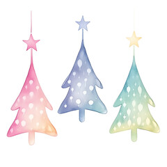 Obraz premium Set of three pastel-colored Christmas tree ornaments with star toppers, isolated on white background, ideal for holiday-themed designs.