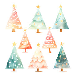 Obraz premium Collection of watercolor Christmas trees, festive decorations, hand-painted holiday trees, colorful designs, seasonal art, digital illustration