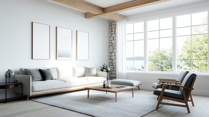 Fototapeta premium Bright and modern living room interior with large windows, comfortable seating, and minimalist decor in natural tones.