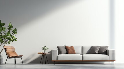 Minimalist living room interior with modern sofa, chair, and plant against a light wall, featuring neutral tones and natural light.