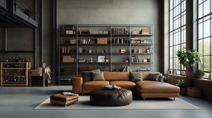 Modern industrial loft interior with leather sofa, large windows, book shelves, and cozy decor. Spacious and contemporary living room design.