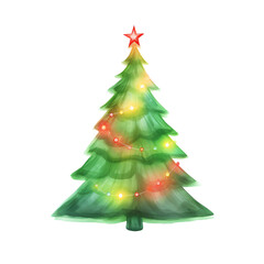 Illustration of a Christmas tree decorated with colorful lights and a red star suitable for holiday themes and festive designs.
