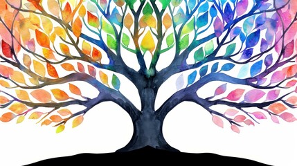 Obraz premium Vibrant rainbowcolored tree painted with watercolor on a clean white background, capturing natures beauty in art.
