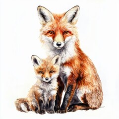 Obraz premium watercolor painting of a fox with its kit, on isolated white background