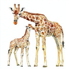 Fototapeta premium watercolor painting of a giraffe with its calf, on isolated white background