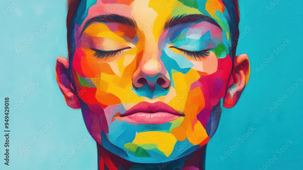 Poster a vibrant portrait featuring a face adorned with colorful abstract patterns, showcasing creativity a