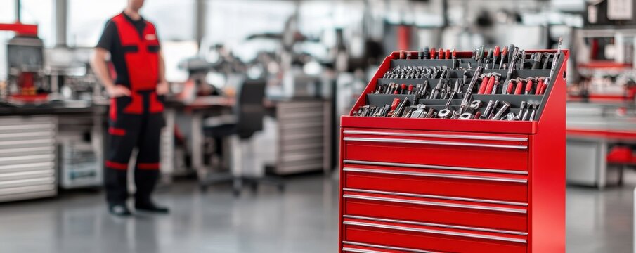 A vibrant red tool chest brimming with tools, set in a professional workshop environment, ready for any project.