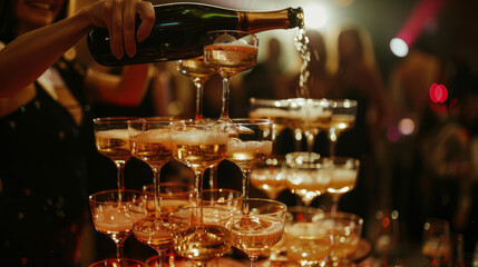 woman pouring bottles of champagne into glasses at party.