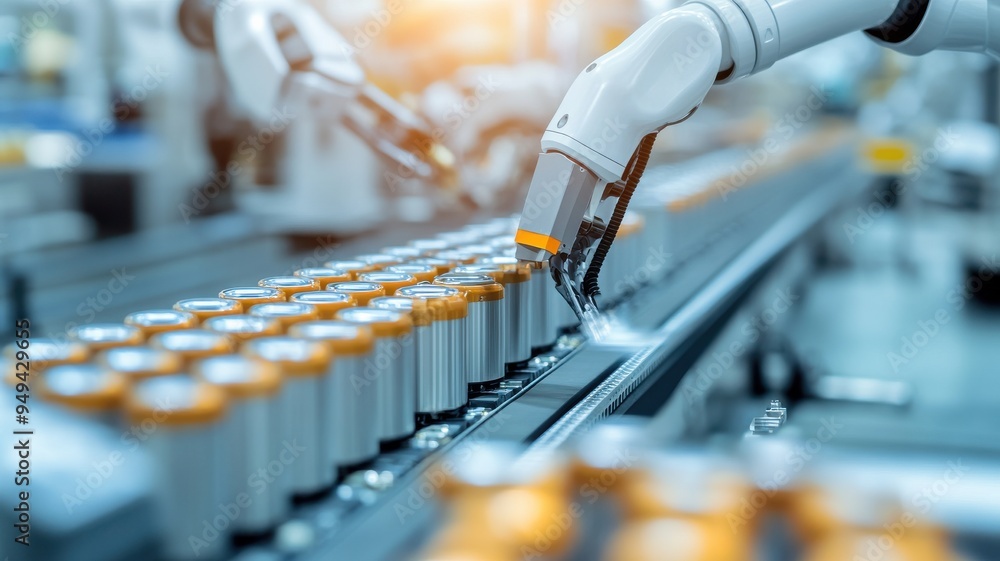 Poster advanced robotic arm in a factory, handling battery production with precision. focus on automation a